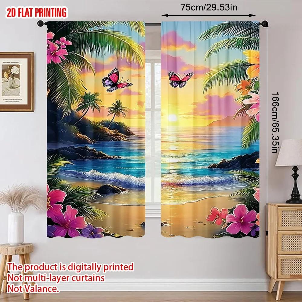 2pcs Floral Beach Scene Curtain Polyester Fabric Living Room Decoration Rod Pocket Curtains
