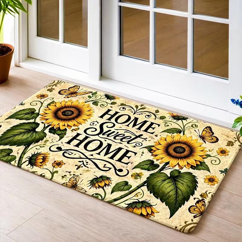 Welcome Letter Print Floral Fruit Vintage Pattern Floor Mat Non‑Slip Doormat for Porch Hallway Kitchen Indoor Home Decor