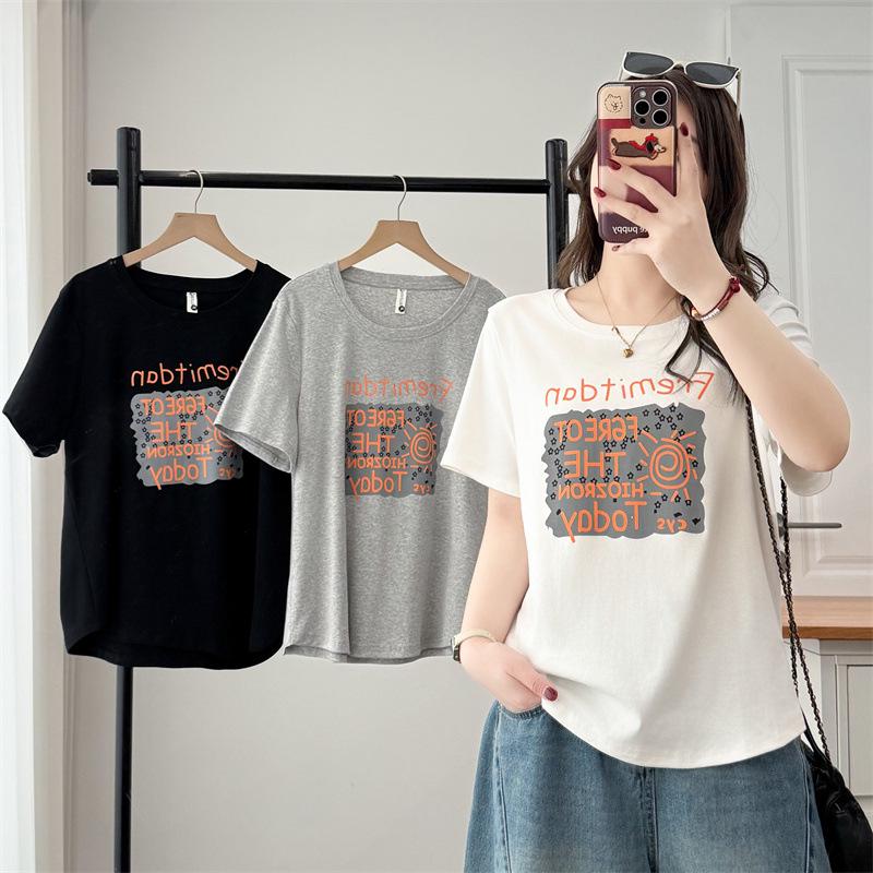 2026 Plus Size Women's Short Sleeve Letter Print Cotton T-shirt, Casual Round Neck Top