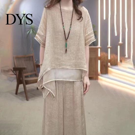 Blouse Pants Set 2 Pcs/Set Women Top Round Neck Half Sleeves Irregular Hem Dating Outfit Wide Leg Elastic Waist Trousers Daily Leisure Pantsuit