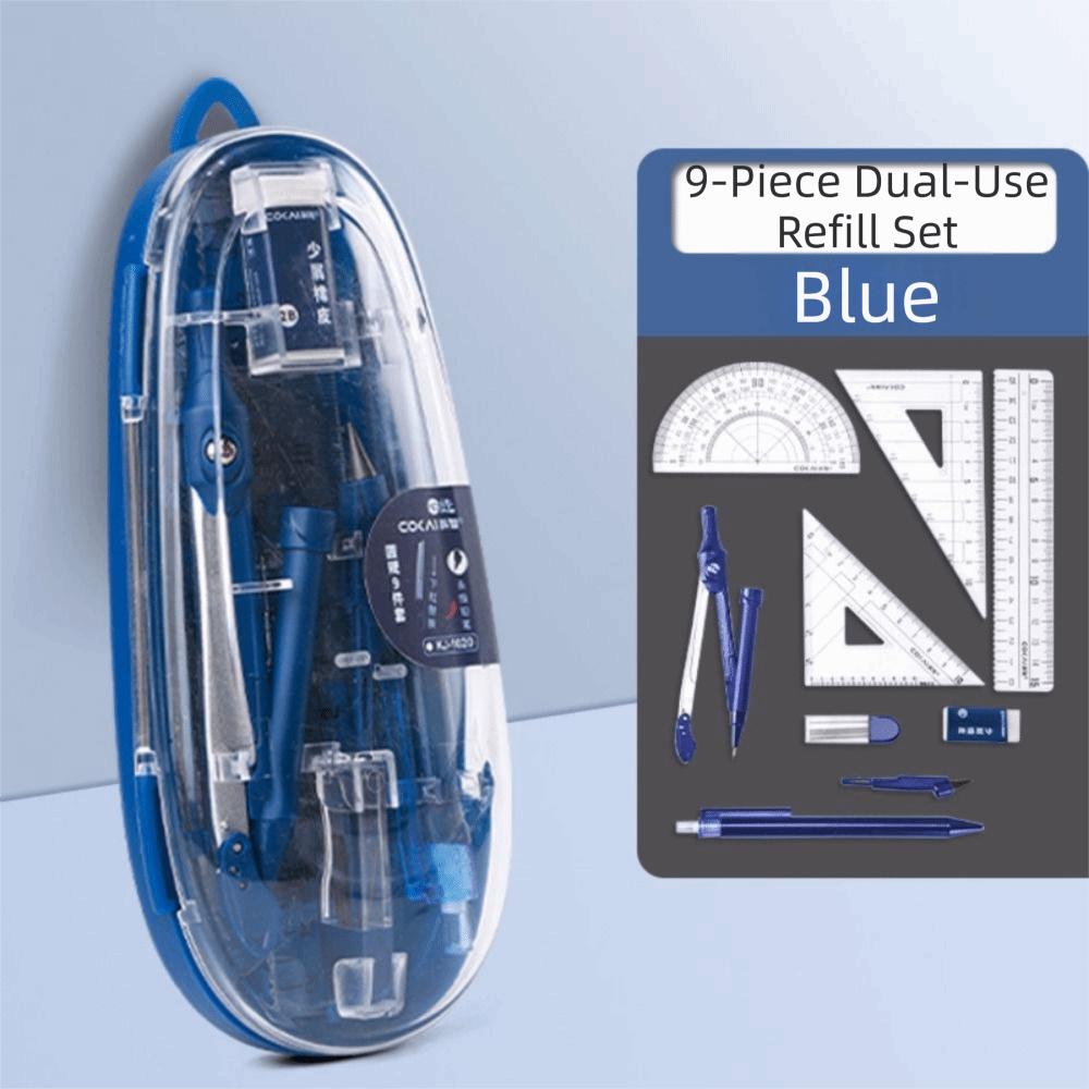 9Pcs/Set Protractor Math Geometry Kit Compass Drawing Tool Set Transparent Ruler Set  Gift синий