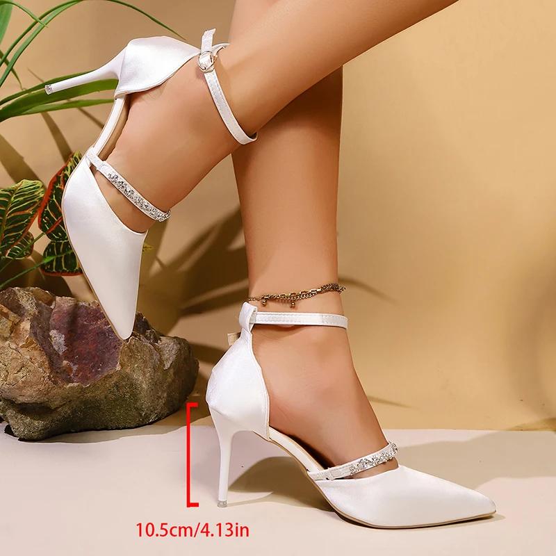 Women's Elegant White Satin High Heel Pumps Fashion Crystal Decor Party Dress Shoes Woman Pointed Toe Ankle Strap Stiletto Pumps