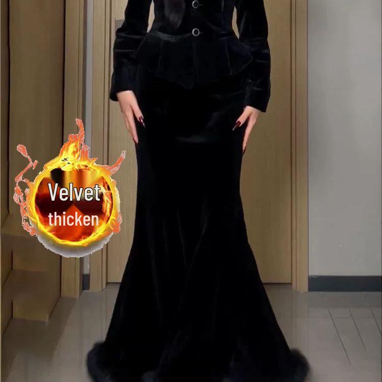Retro Fur Trim Patchwork Bodycon Coat & Velvet Long Skirt Set - Elegant, Warm, Autumn/Winter Fashion. L