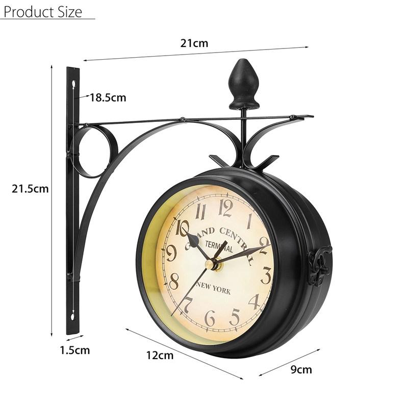 Double Sided Round Wall Mount Station Clock Garden Vintage Retro Home Decor Metal Frame + Glass Dial Cover for Christmas Gift
