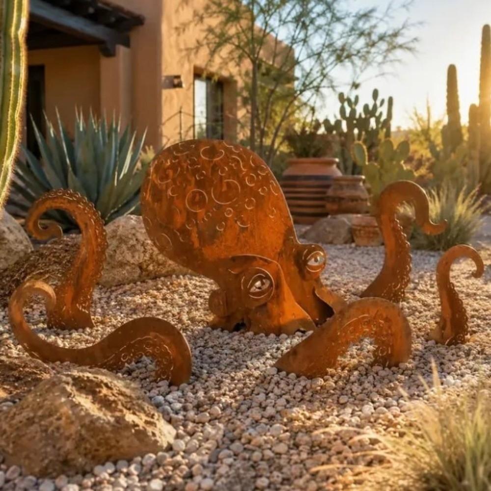 Vintage Iron Rusty Metal Squid Garden Statue Coastal Art Squid Yard Art Decor Outdoor Yard Art