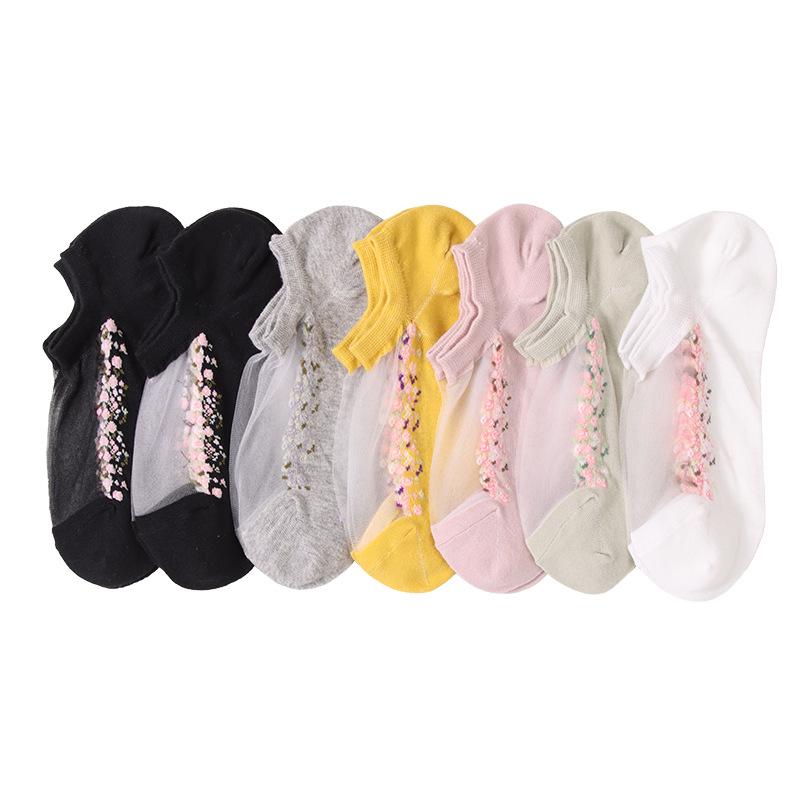 5 Pairs Spring and Summer Fashion Transparent Crystal Stockings Glass Silk Women's Boat Socks Flower Women's Socks