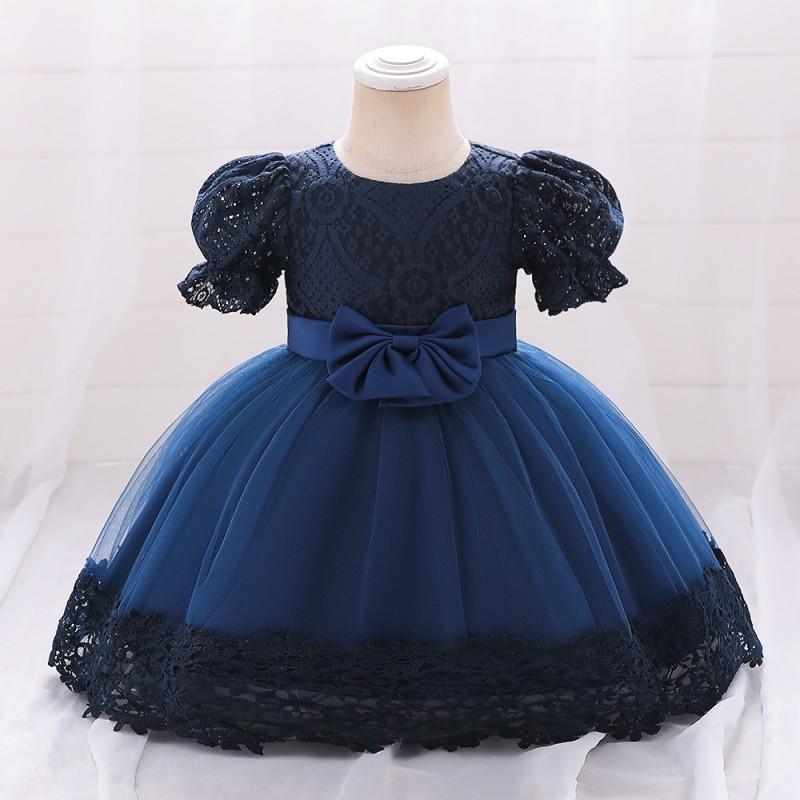 Baby Girls Princess Gown Navy Blue Lace Mesh Party Dress 1-3 Years Old Winter