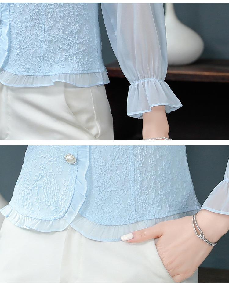 Elegant Ladies Shirts Chiffon Shirt Female Short Small Shirt Spring, Summer and Fall Chic Beautiful Belly-shading Long-sleeved T-shirt Tops