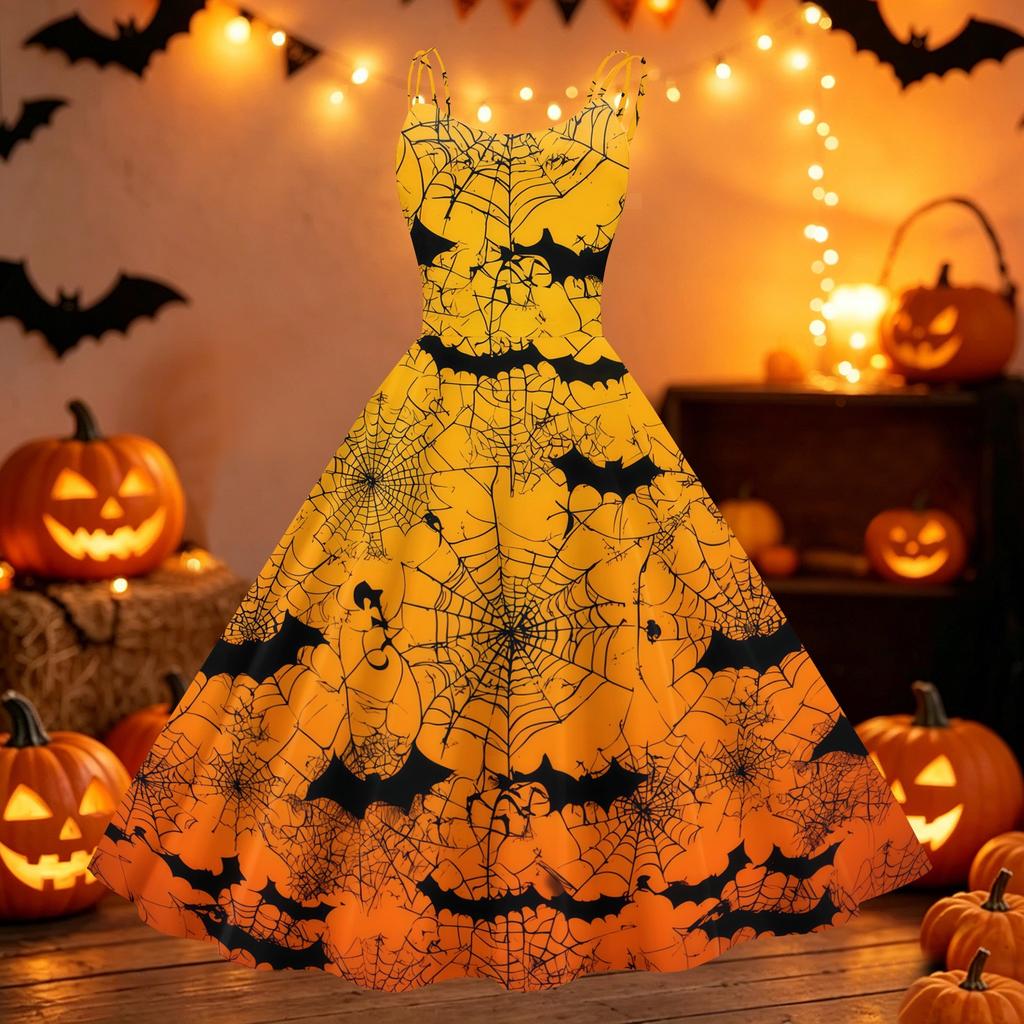 Womens Halloween Spider Web Pumpkin Print Vintage Punk Off Shoulder Dress Sleeveless Flared Skirt Party Costume Dress