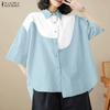 ZANZEA Women Casual Turn Down Collar Loose Patchwork Half Sleeve Blouse