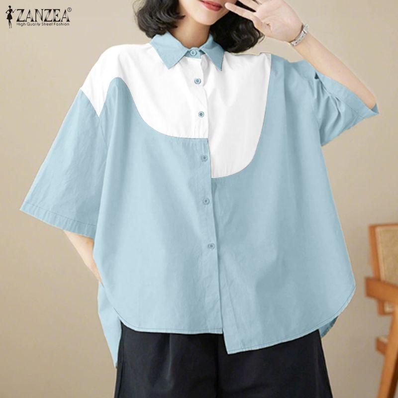 ZANZEA Women Casual Turn Down Collar Loose Patchwork Half Sleeve Blouse