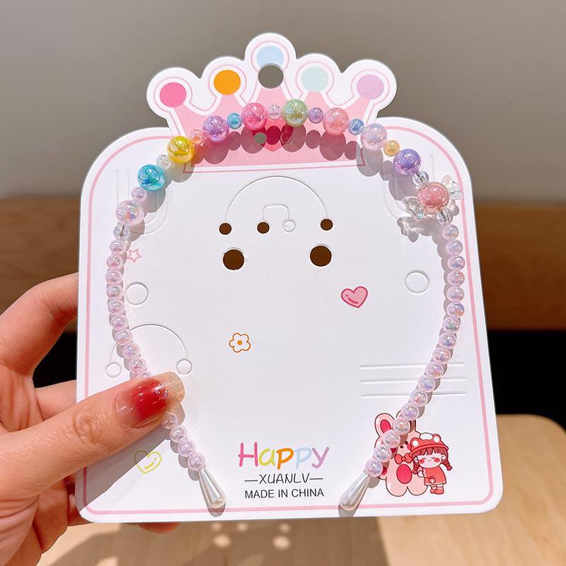 Colorful Pearl Necklace and Jewelry Set: Beaded Bracelet, Cartoon Headband, Earrings - Princess Accessories for Girls
