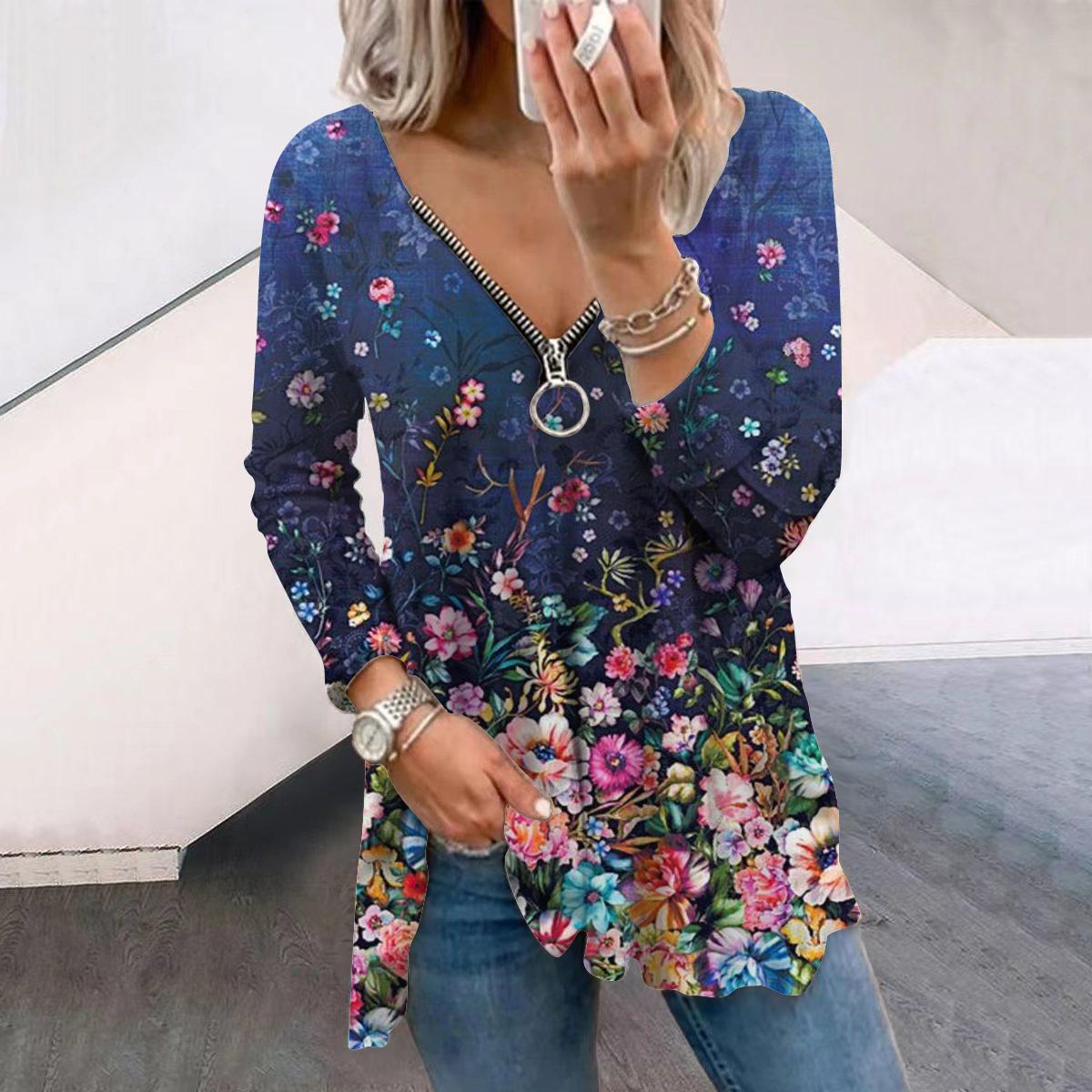 

Женские осенние креативные футболки с длинным рукавом с цветочным принтом, свободные футболки больших размеров с V-образным вырезом, удобные блузки