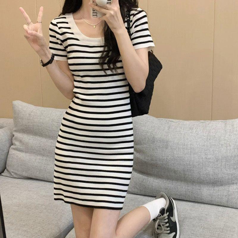 Women's French Retro Stripe Square Neck T-shirt Dress - Summer Slimming Bodycon