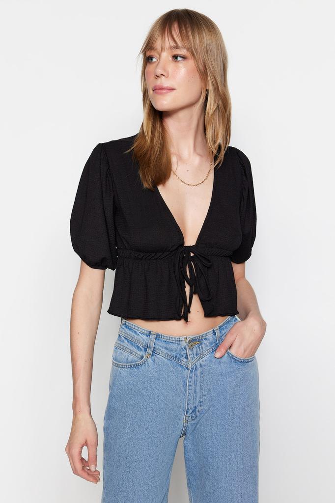 Modische Damenbluse mit V-Ausschnitt, kurz, blau, zweireihig, Krawatte, detaillierte Seersucker-Webbluse