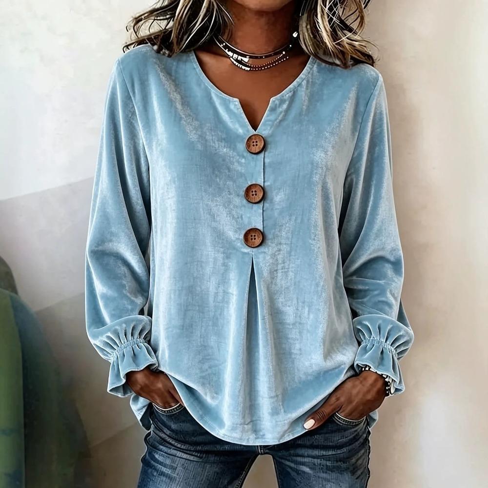 Fashion Velvet Long Sleeve Shirt, V Neck Button Down Blouse for Women