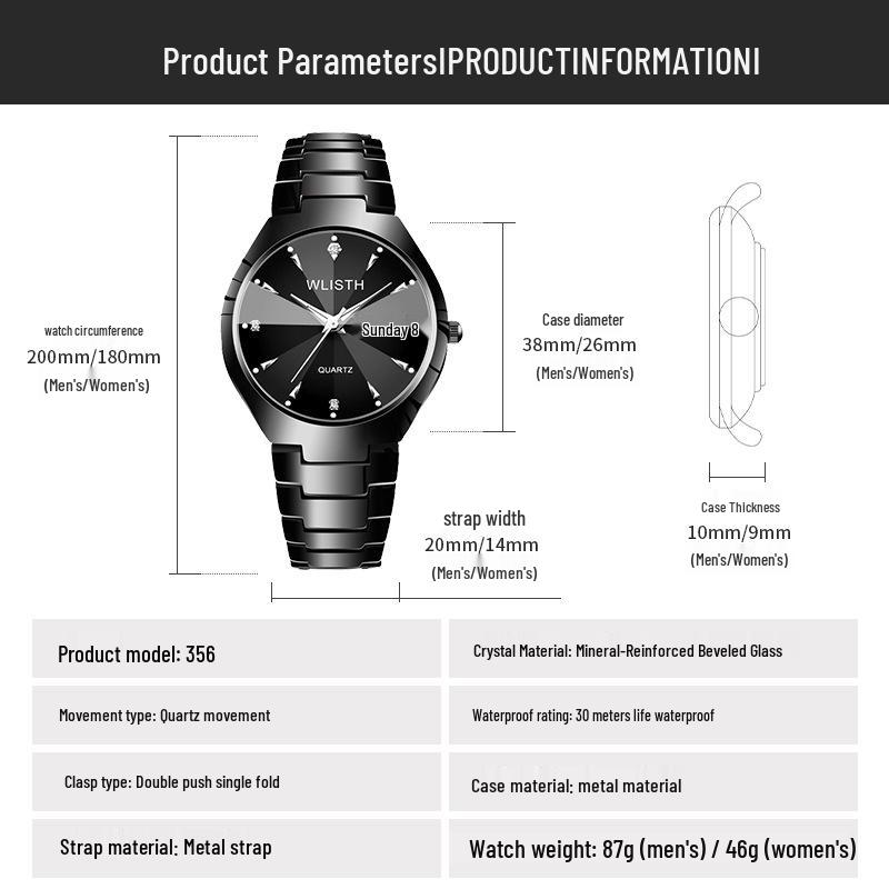 Wolis Waterproof Luminous Calendar Quartz Watch for Men & Women - Steel Band Business Couple Wristwatch