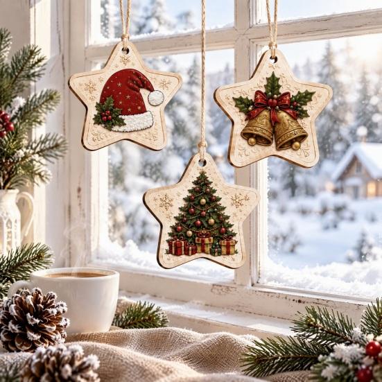 Handcrafted Home Pendant 8Pcs Wooden Christmas Tree Ornament Set, 2D Flat Rearview Mirror Exquisite Window Hanging Pendant, Nordic Minimalist