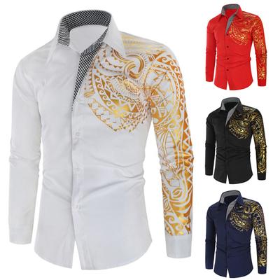 Printed Shirts Korean Style Bronzing Design Cotton Men Printed Dress Shirts Long Sleeve for Daily Life
