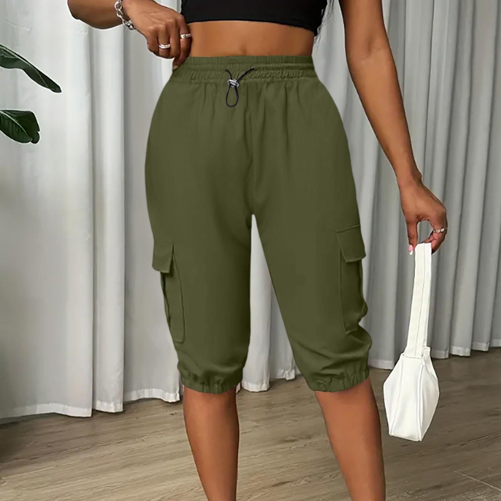 

Ladies Summer Casual And Fashionable Cropped Pants With Multiple Pockets And Solid Color Shorts L армія зелений колір