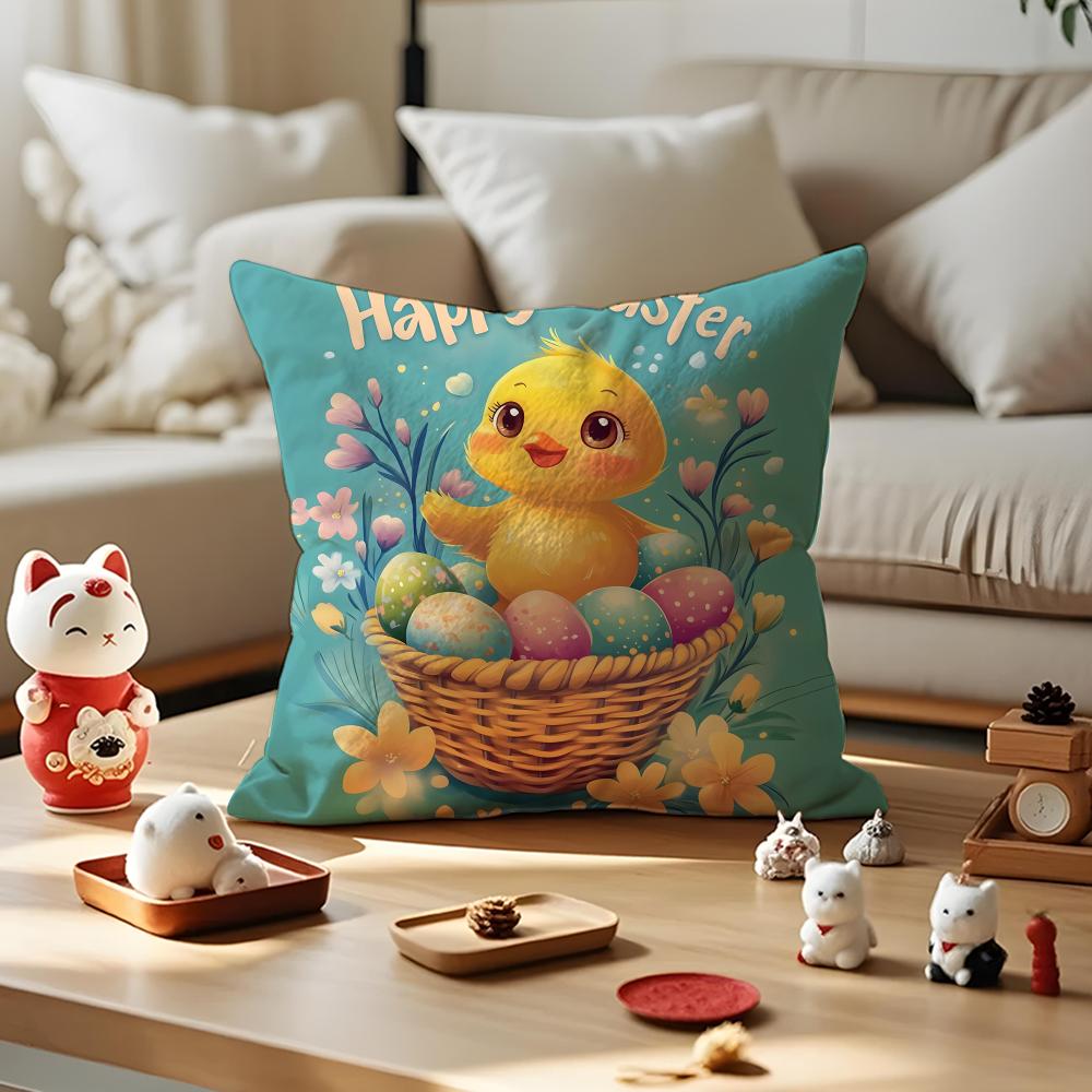 Happy Easter Bunny Cushion Cover Silky Short Plush with Invisible Zipper Dustproof Sofa Pillow Case for Home Decor