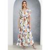 New European & American Style V Neck Print Waist Cinched Slim Fit Long Maxi Dress for Women