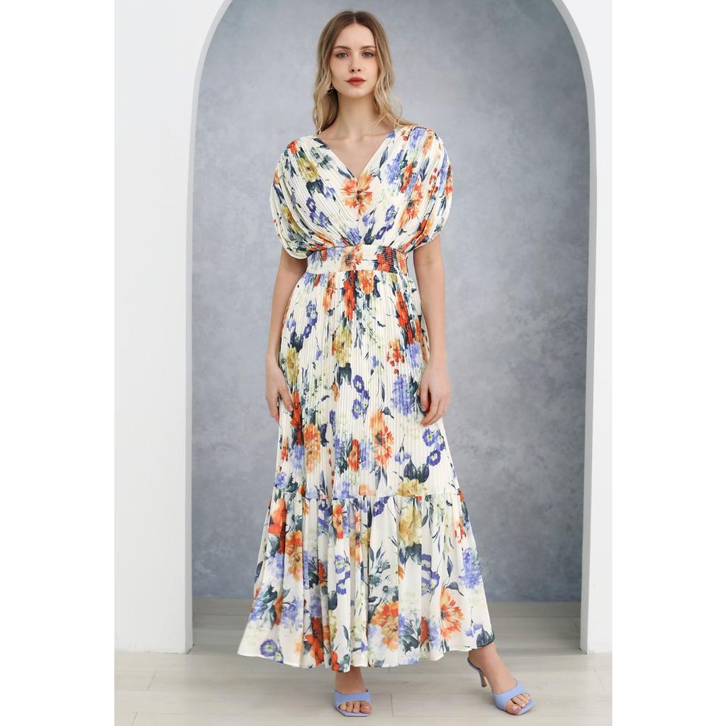 New European & American Style V Neck Print Waist Cinched Slim Fit Long Maxi Dress for Women