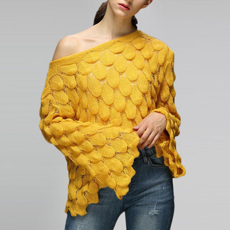 Neuer lockerer Strickpullover mit hohlem 3D-Federmuster, Rundhalsausschnitt und Glockenärmeln für Damen, Oberbekleidung
