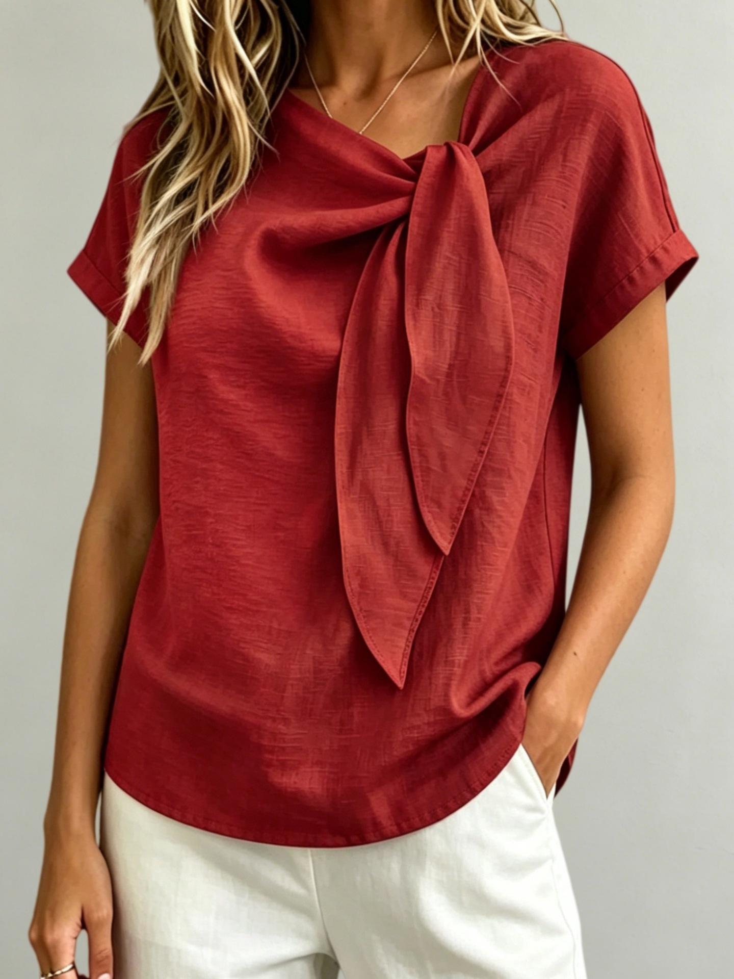 Women S Casual Short Sleeve Cotton Linen Blend Knot Front Summer T Shirt S красный