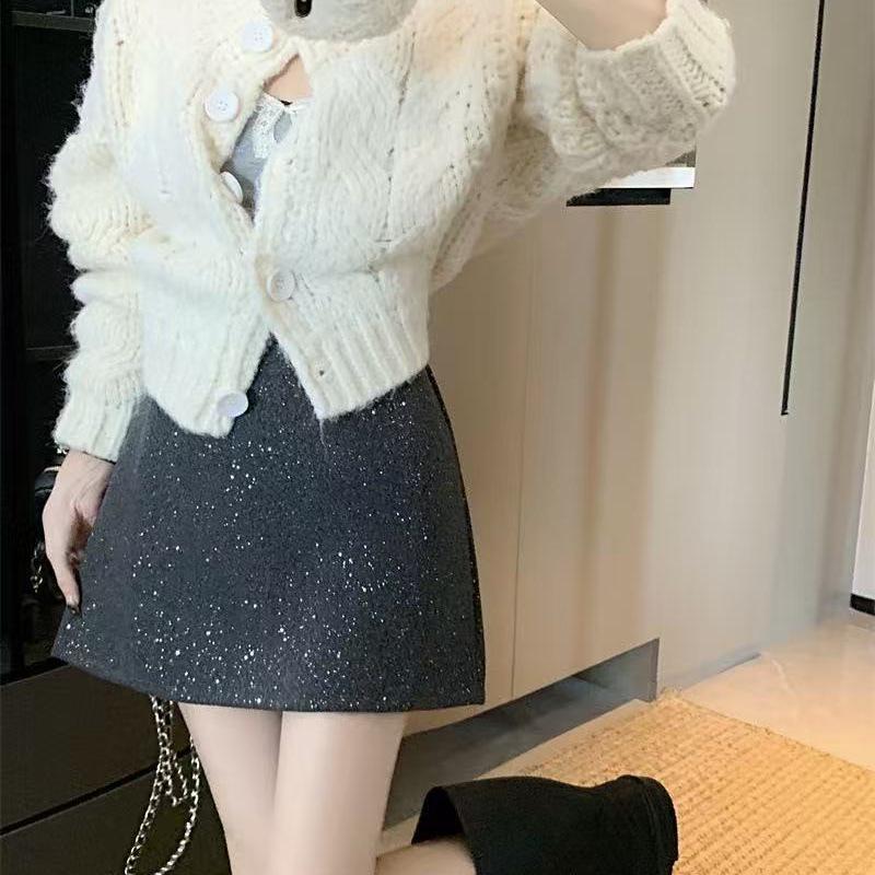 Luxuriöser glitzernder Woll-A-Linien-Halbrock für Damen - Winter 2025 Retro Slim Fit