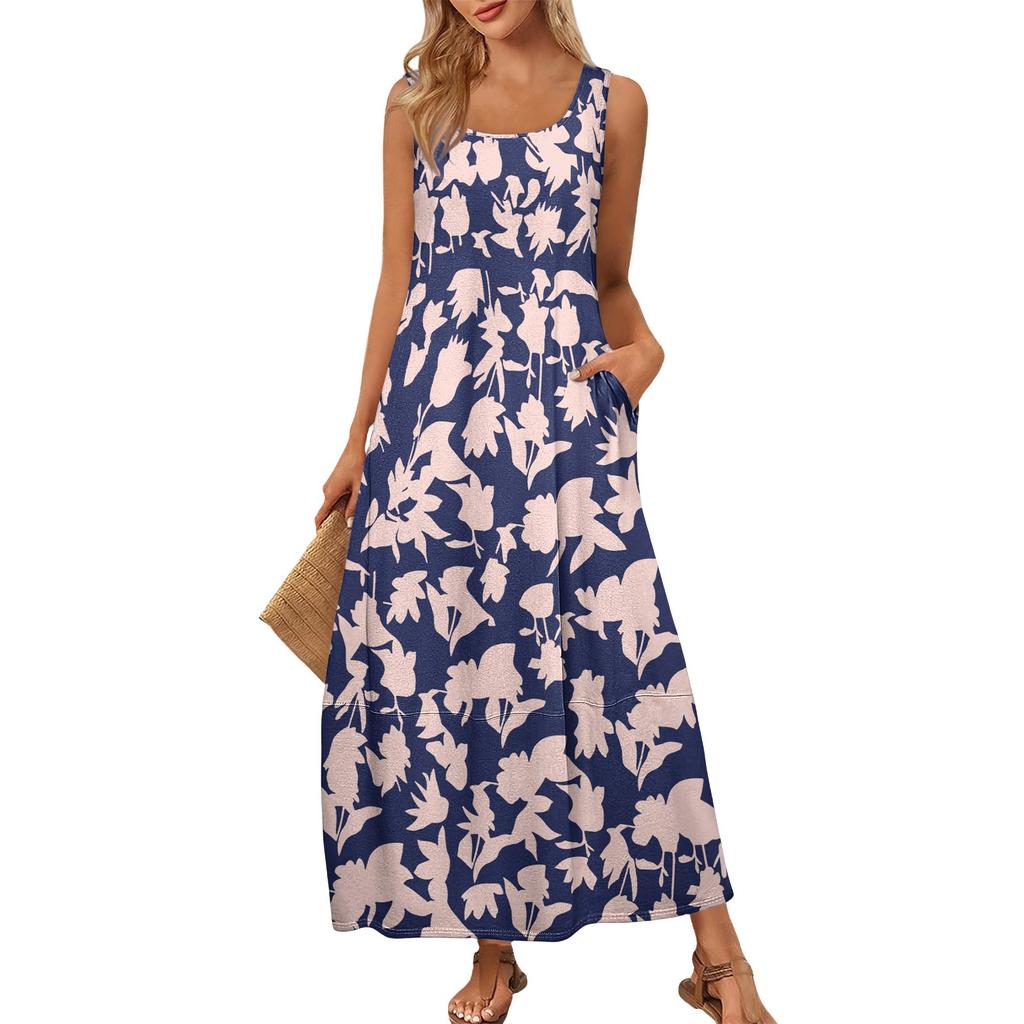 Women's Summer Fashion Round Neck Sleeveless Beach Dress Vintage Floral Printed Dresses
