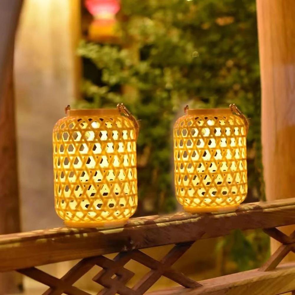 Outdoor Hanging Light with Handle Solar Rattan Lantern Waterproof Natural Bamboo Solar Outdoor Light for Yard Patio Lawn Pathway