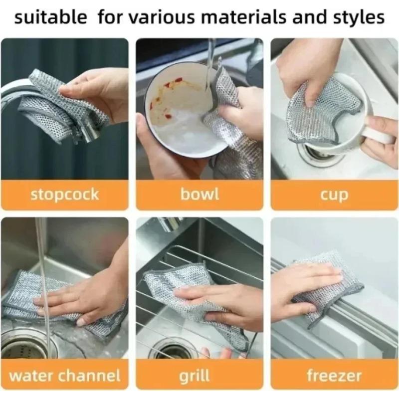 20/5Pcs Thickened Steel Wire Cleaning Cloth Non-Scratch Double-layer Iron Microfiber Mesh Dishrag Washing Pot Rags Kitchen Towel