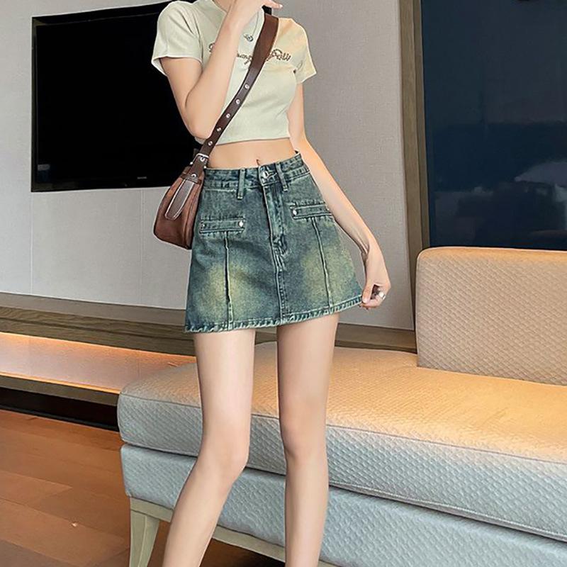 Women's Vintage Denim Skort High Waist A-Line Mini Skirt Anti-Chafing Casual Summer Retro Washed Short Skirt