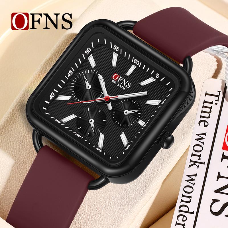 OFNS Quartz Luminous Square Watch - Unisex Silicone Strap, Waterproof, Small Second Hand красный