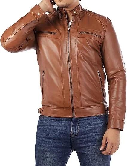 Handgefertigte Echte Herrenjacke Braun Leder Lammfell Stilvoll Biker Weich Echt