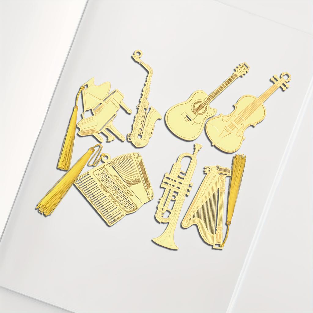 1pc Creative Musical Instrument Bookmark Piano, Guitar, Organ, Harp, Violin, Trumpet Metal Bookmarks with Beautiful Tassels
