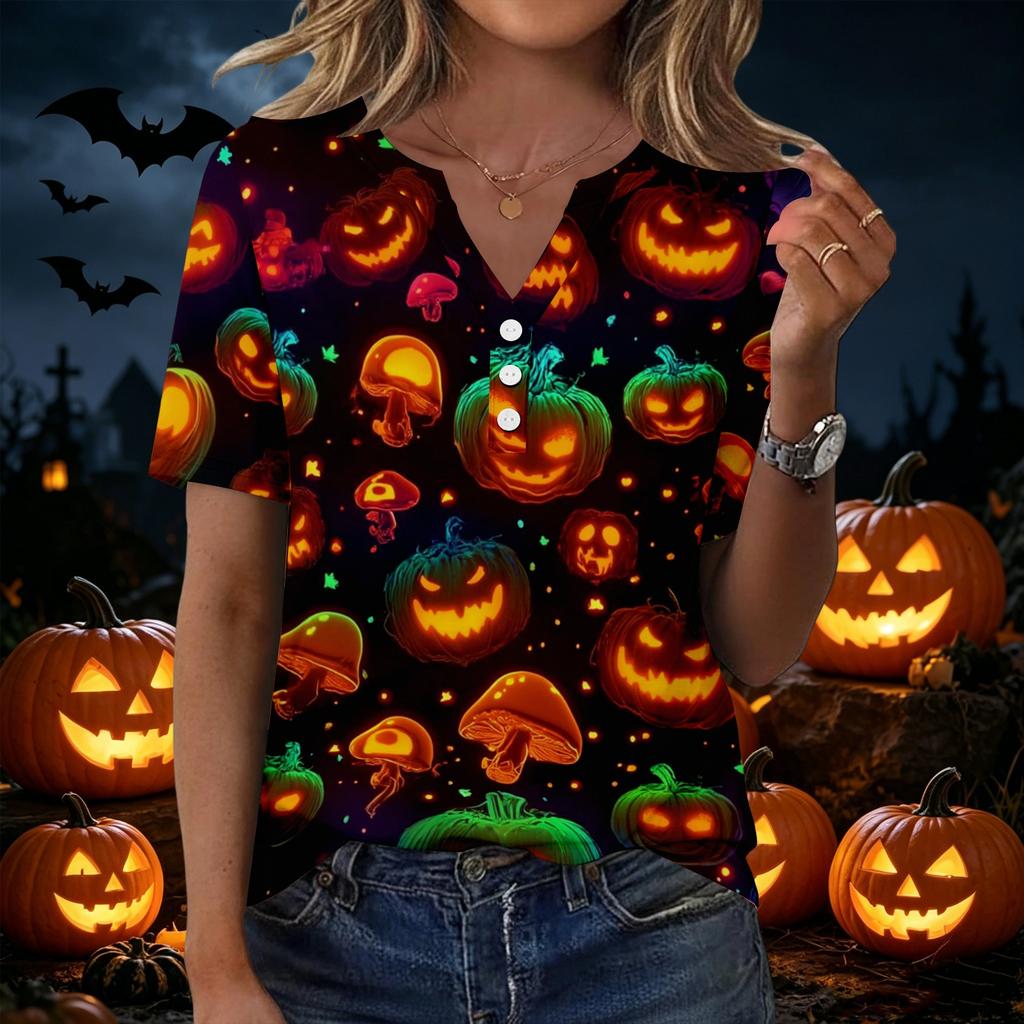 Women's Halloween Printed Loose Fit V Neck Short Sleeve Top with Pocket Casual Blouse for Seasonal Wear and Everyday Comfort