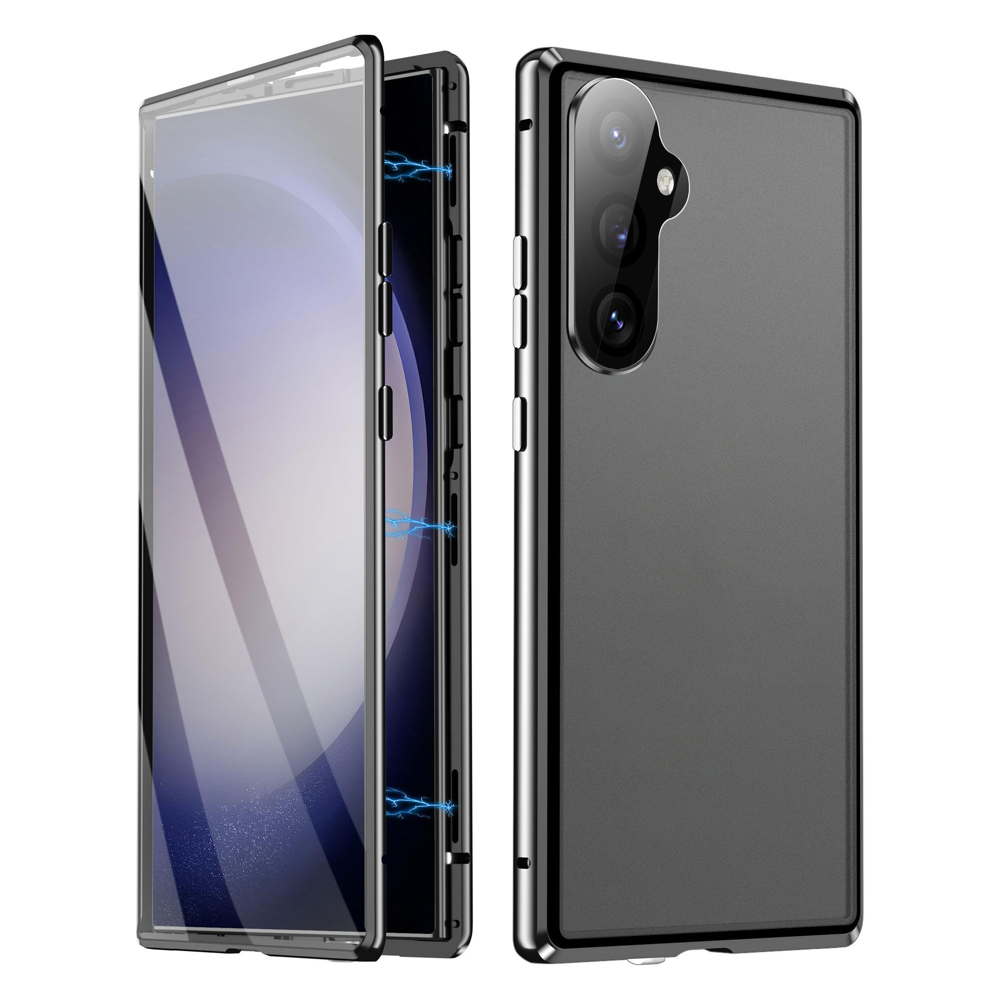 

Для Samsung Galaxy S24 FE Чехол Двустороннее Закаленное Стекло+Металл Магнитная Крышка Телефона с Застежкой Black