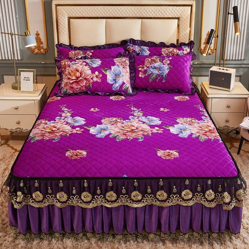 High Grade Winter Crystal Velvet Thicken Quilted Bedspread King Queen Size Flannel Quilting Bed Skirt Including Pillowcase