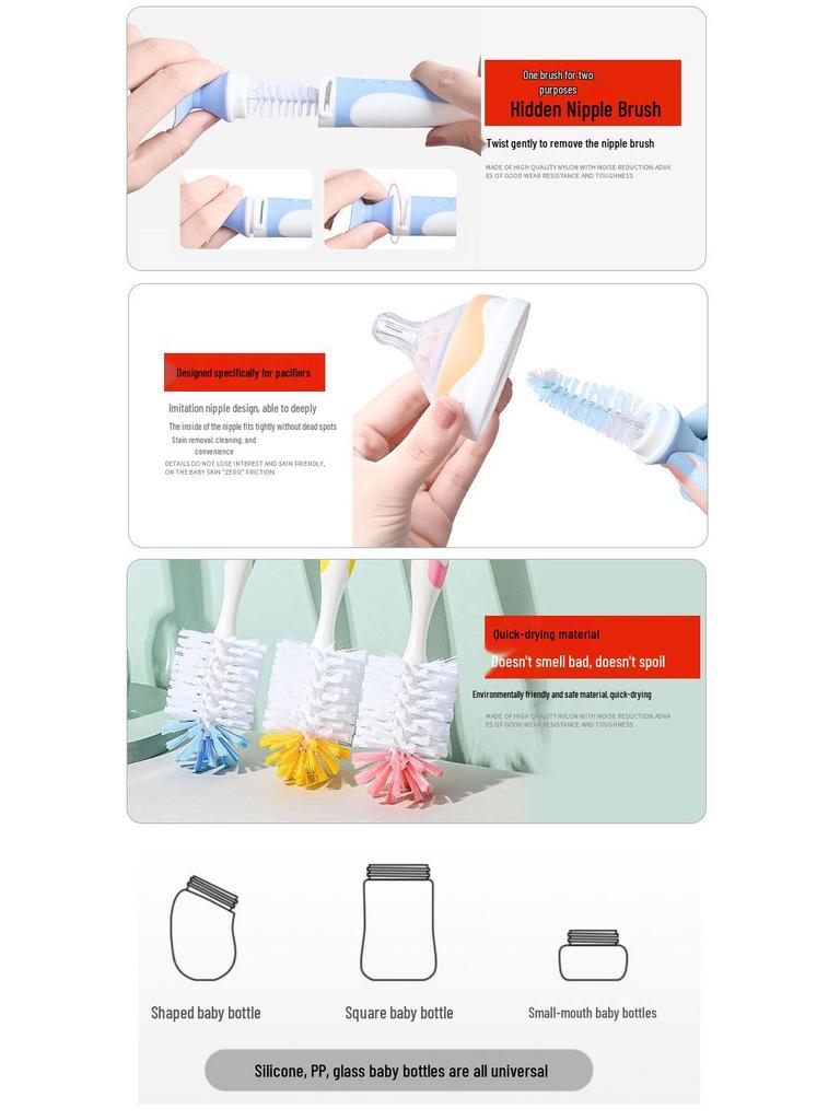 Baby Bottle & Nipple Brush Set, Long Handle Rotating Cup Brush, Thermos Cleaner