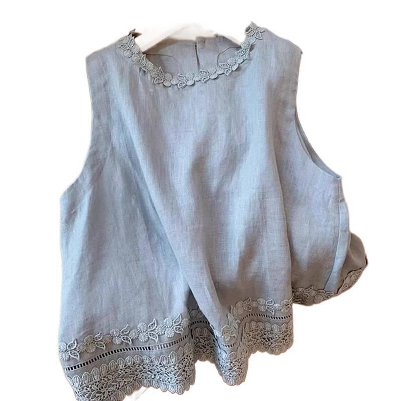 Ärmelloses Sommer-Set für Damen mit bestickter Spitze, bestehend aus Hemd und Shorts