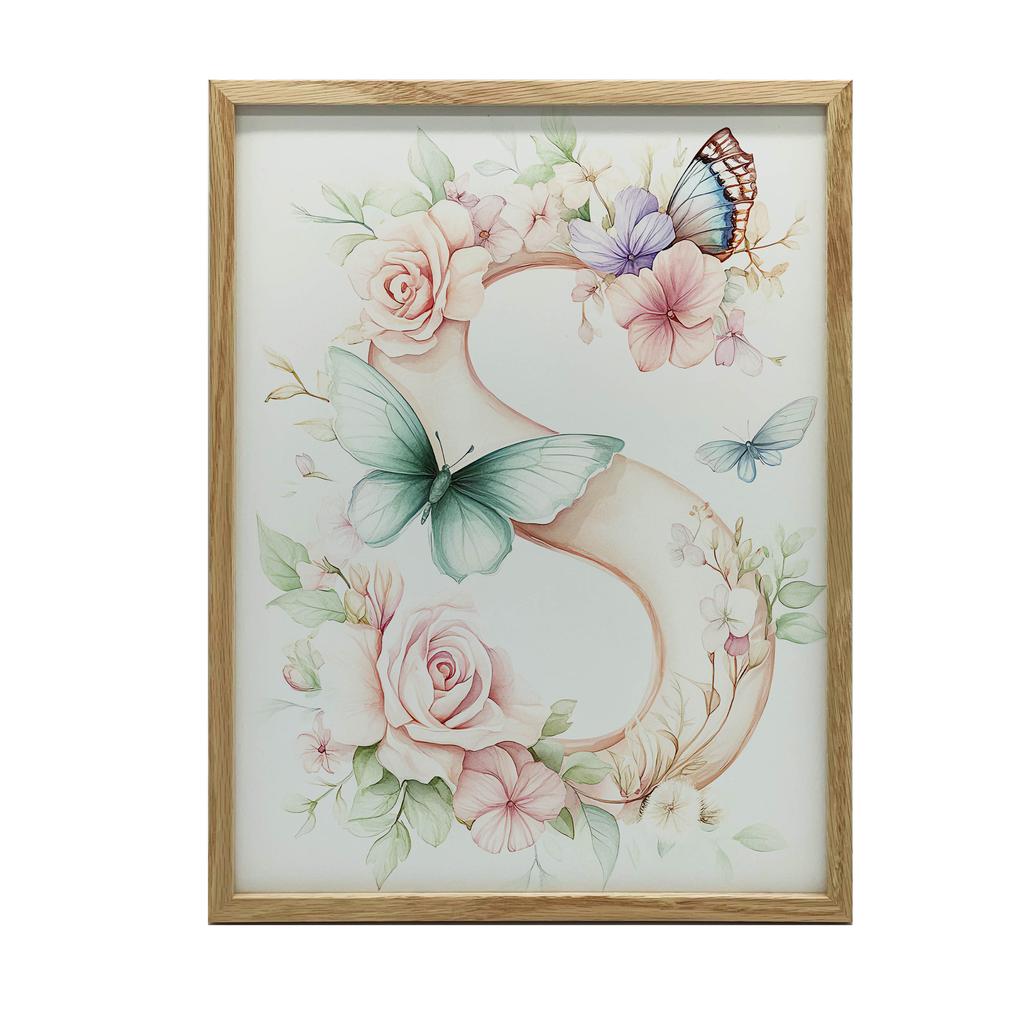 Plakat "S" Z Kwiatami I Motylami Plakat "S" Z Kwiatami I Motylami, 50X70 Cm, Rama Drewniana Ciemny Brąz, Papier Matowy 230 Gsm