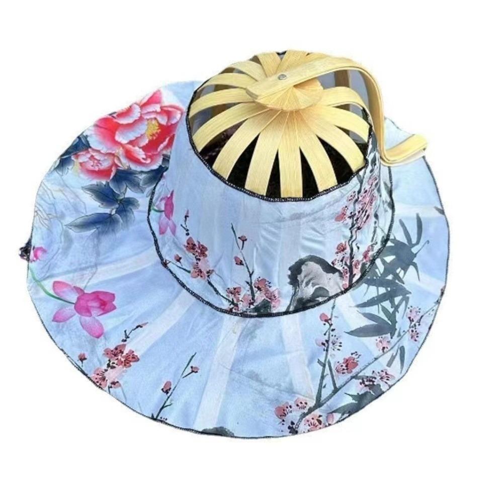 Floral Printed Fan Sun Hats Foldable Bamboo Sunscreen Cap Women Sunhat Folding Fan Hat  for Travel