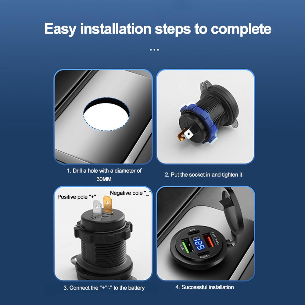 83W Zásuvka nabíječky do auta PD 30W Rychlé nabíjení Dvojitý USB+Type C Výstup Telefonní napájecí adaptér s voltmetrem pro motocykl, nákladní automobil, loď