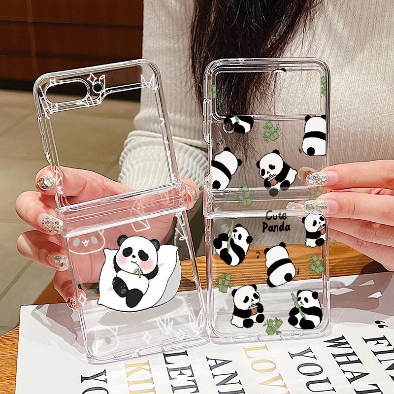 For Samsung Galaxy Z Flip6 Flip5 Flip4 Flip3 Shockproof Cartoon Panda Patterned 3PCS Foldable Hard Pc Clear Case Cover