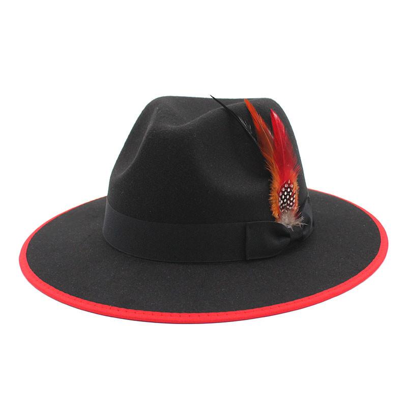 Black Hemmed Woolen Top Hat Feather Jazz Hat