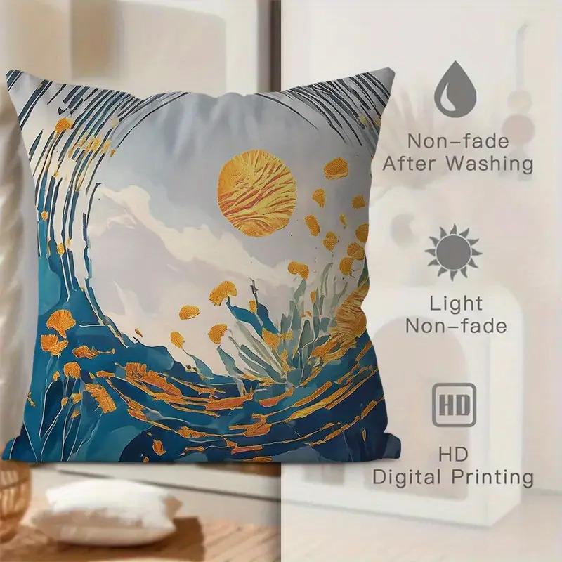 Asian Inspired Gold Blue Pillow Covers, Japanese Wave Pine Decorative Throw Pillow Cases, Modern Home Decor Cushion Covers 4Pcs