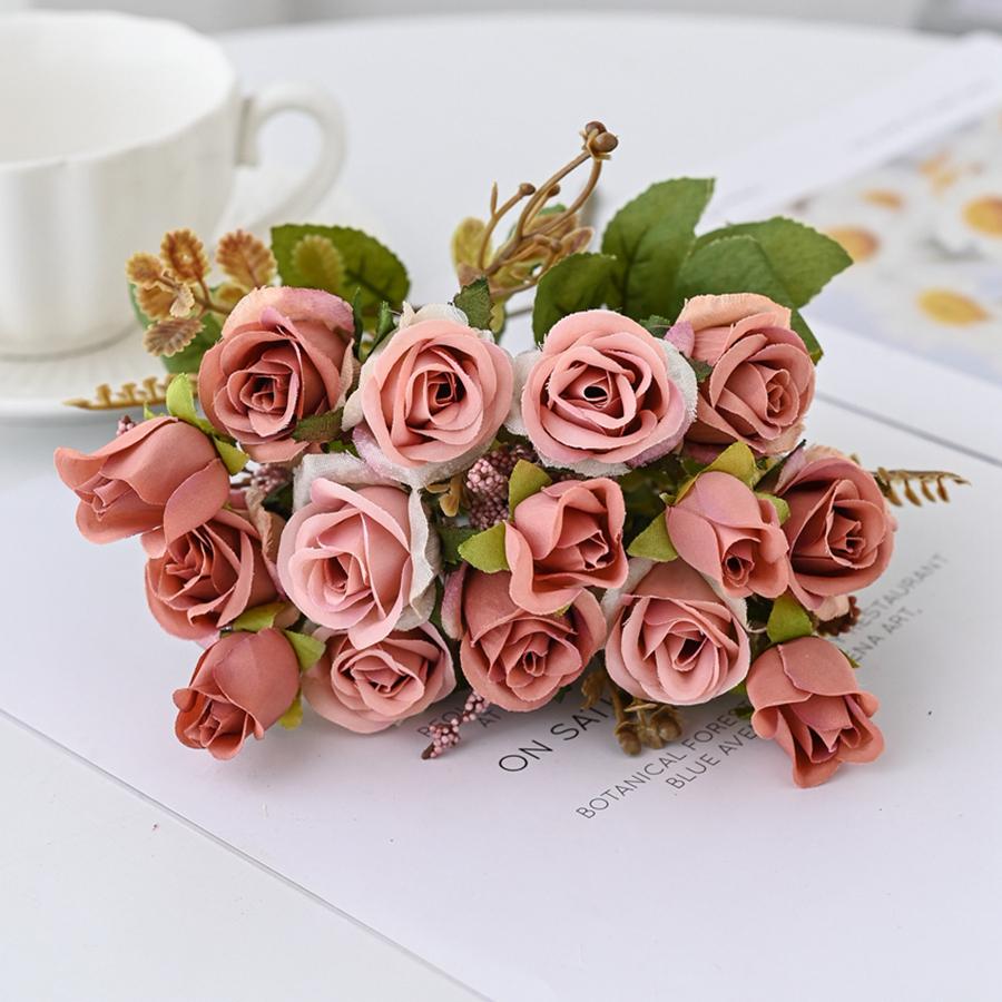 5 Forks 15 Heads Silk Artificial Flowers Rose Wedding Bridal Bouquet Festival Decoration Home Room Arrangement Flower Accessory