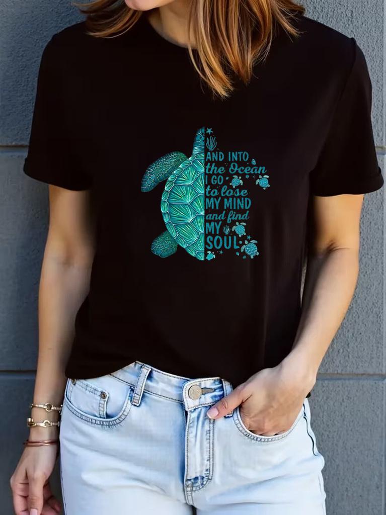 Retro Ocean Sea Turtle Print Tshirt Funny Graphic Short Sleeve Tops Tee Unisex Casual Loose Streetwear Daily Wear Tee